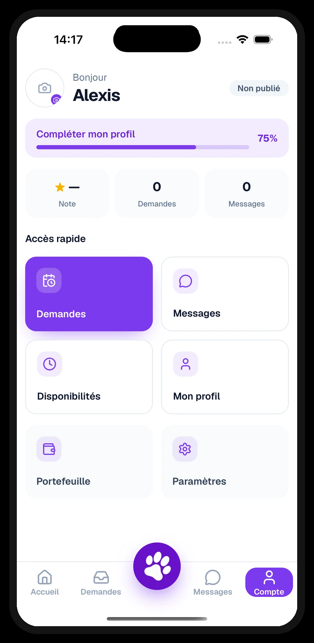 Vraie capture de l’application DogShift : espace dogsitter