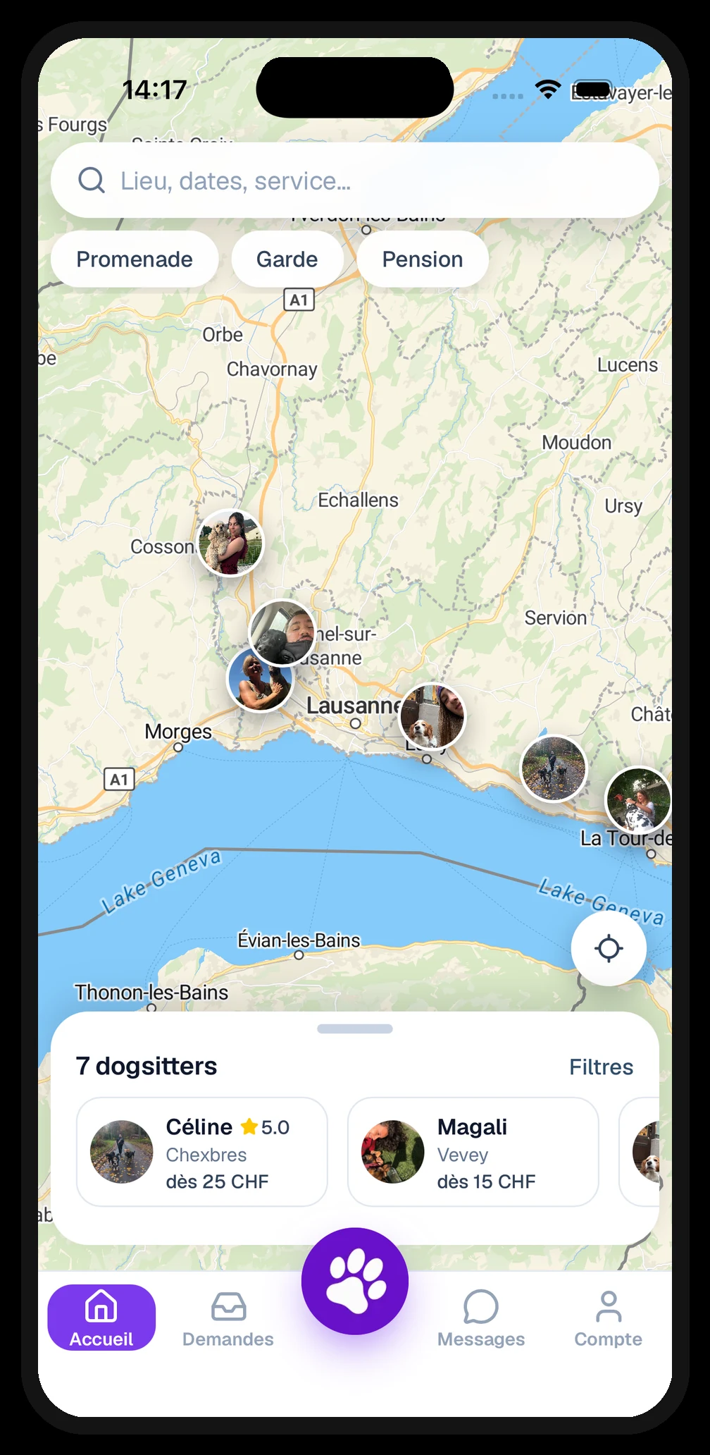 Vraie capture de l’application DogShift : recherche sur la carte