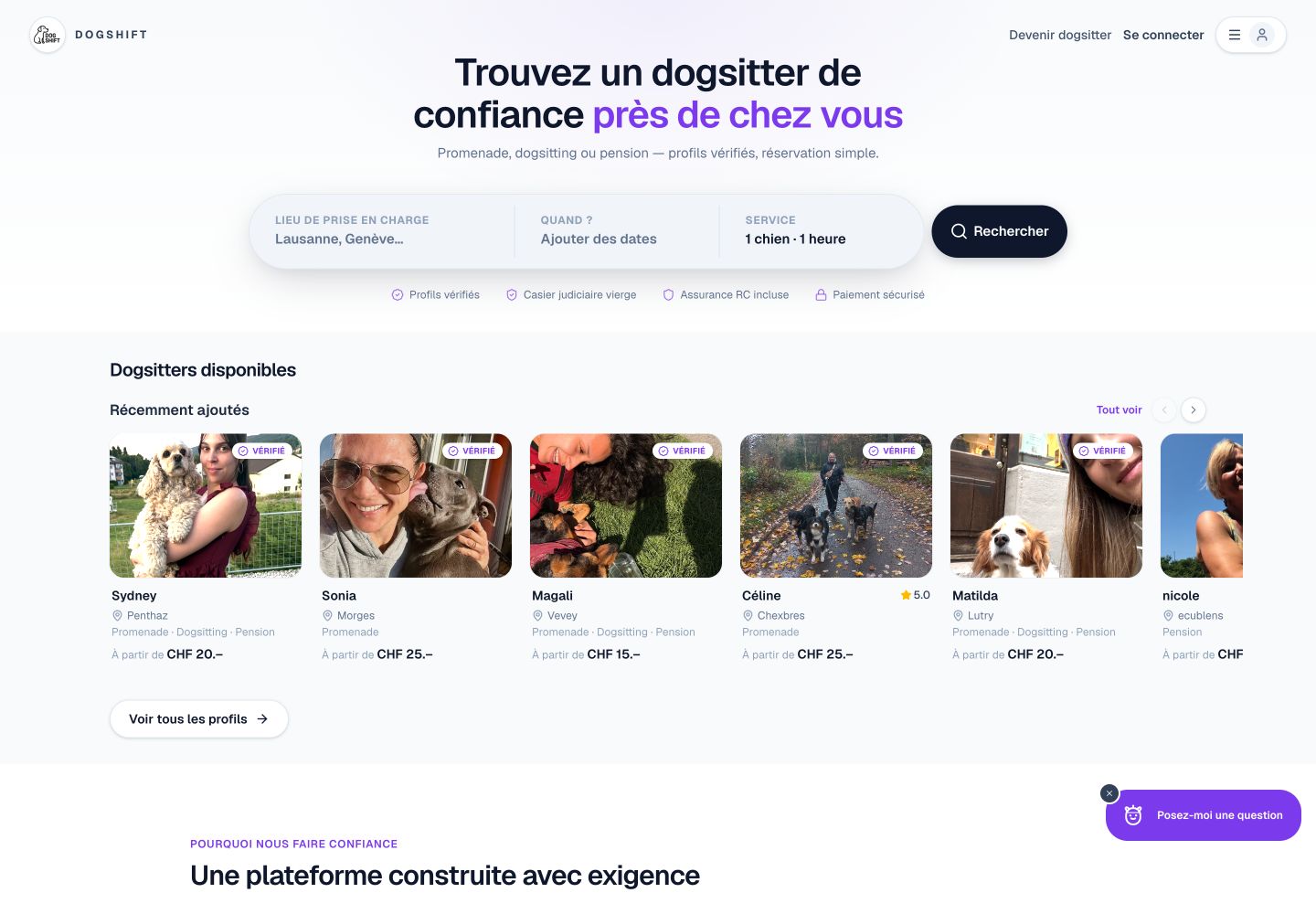 Capture réelle du site web DogShift : recherche de garde et profils de dogsitters