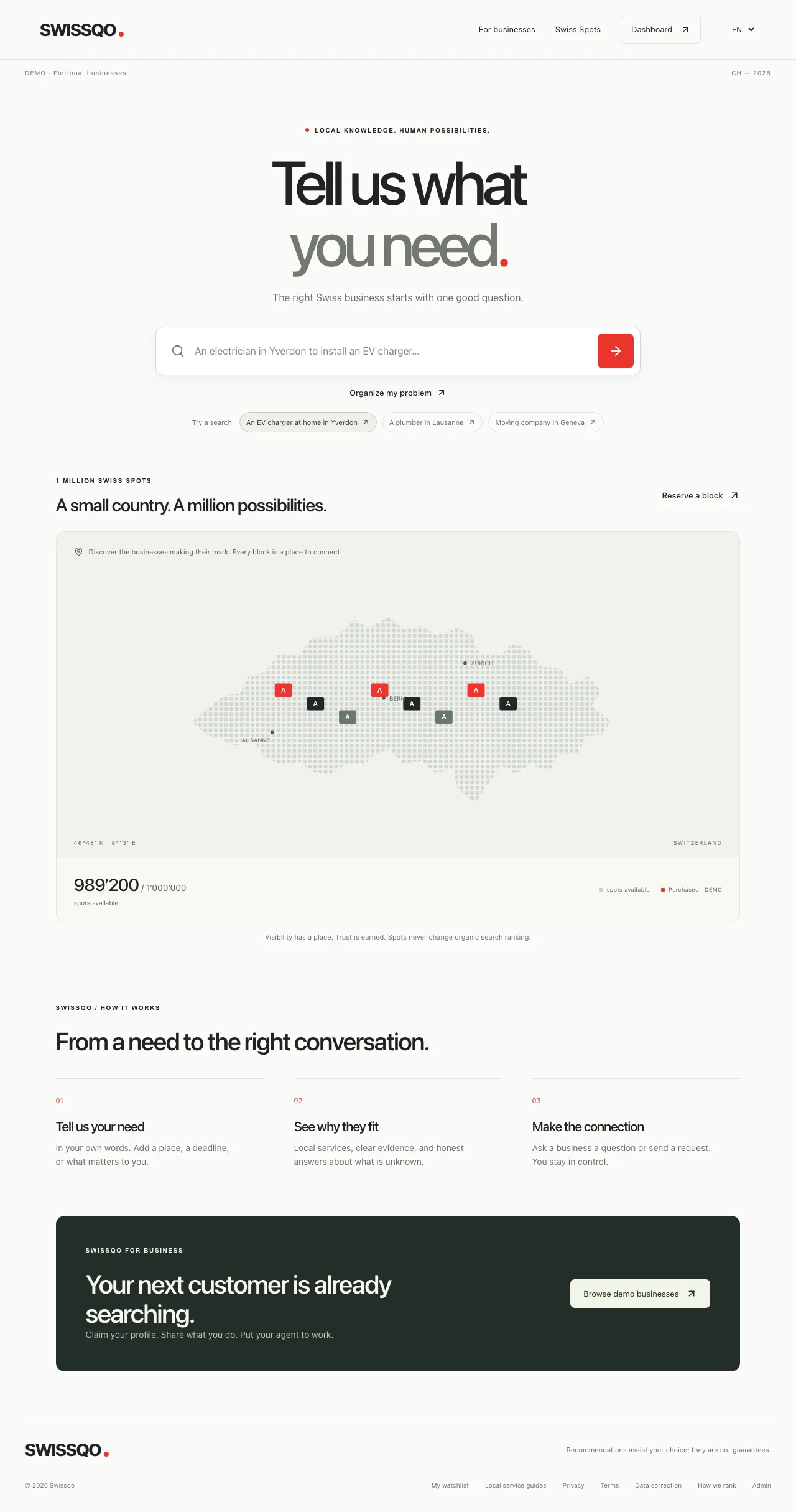 Capture réelle de la page d’accueil Swissqo, blanche avec accents rouges